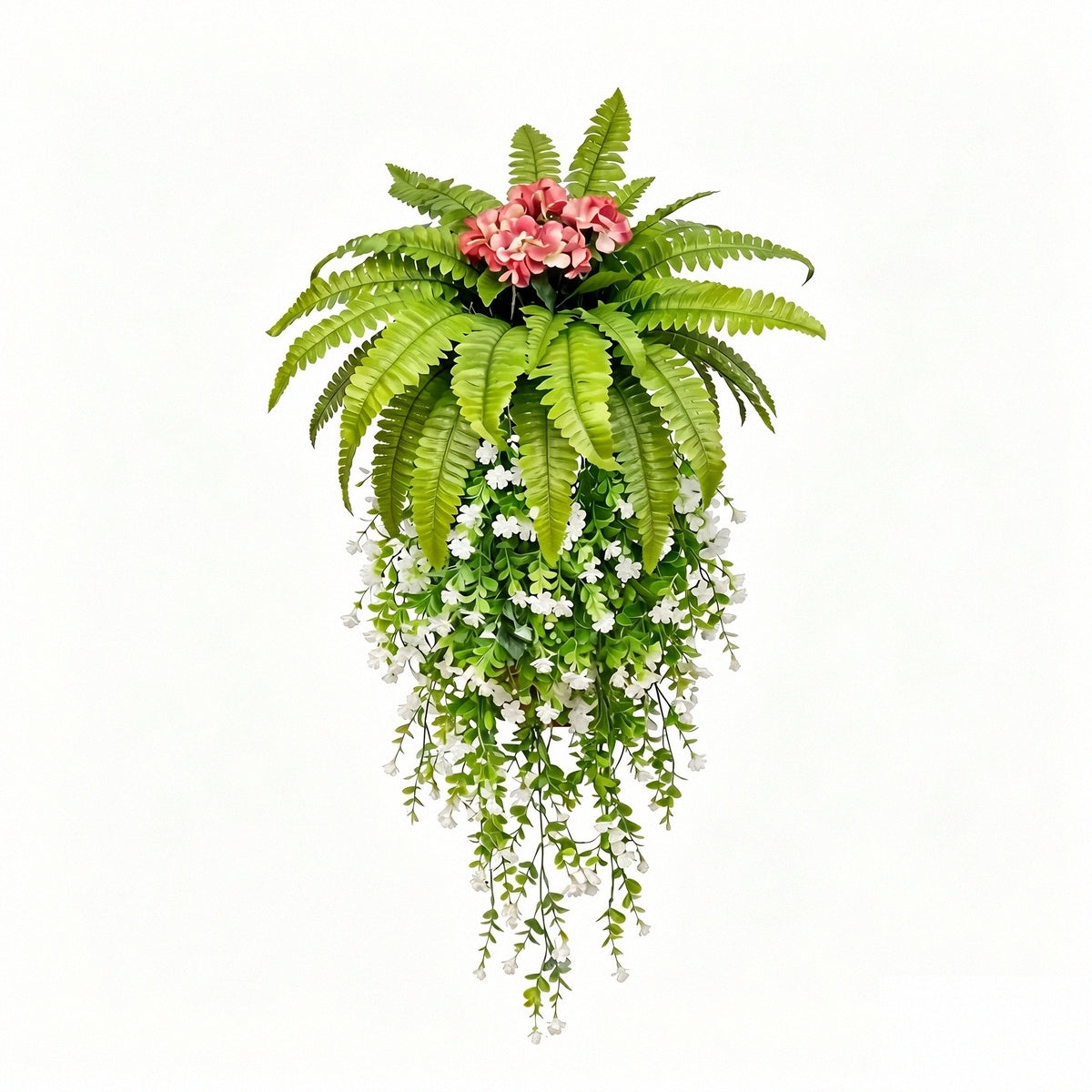 Artificial hanging fern plant with pink flowers and cascading white vines fake Boston fern for home garden patio porch wall basket and ceiling decor