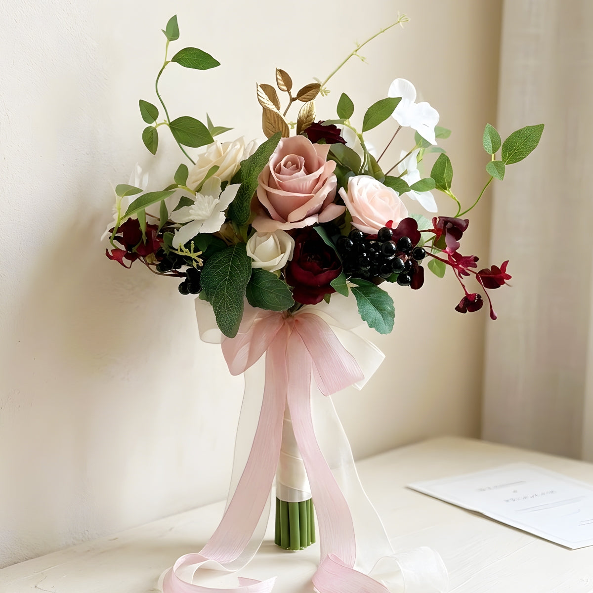 Burgundy and dusty pink artificial rose bouquet with champagne peony and eucalyptus for wedding