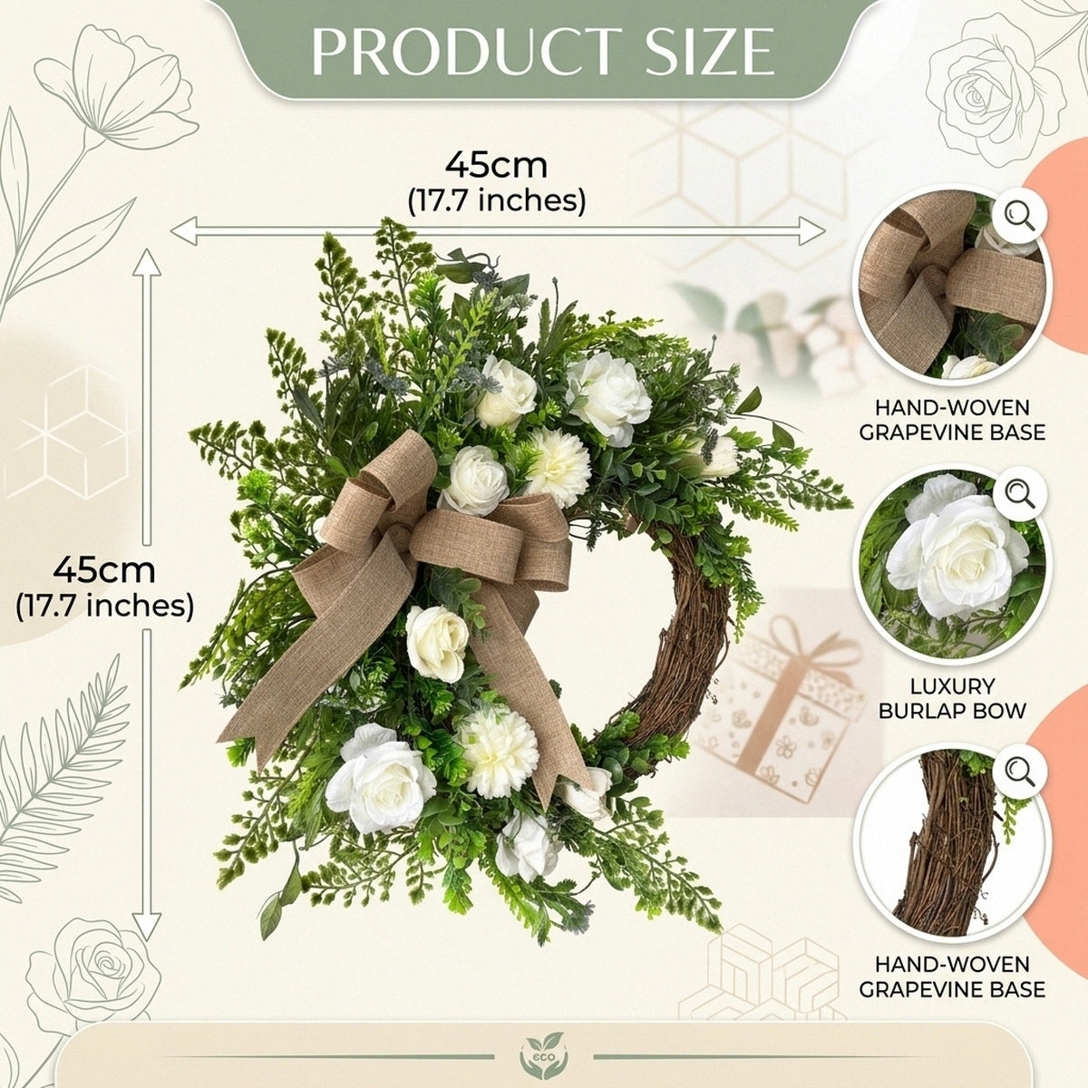 Artificial White Rose & Greenery Wreath with Burlap Bow, Rustic Farmhouse Spring Summer Wreath for Front Door Outdoor Porch Wall Home Decor