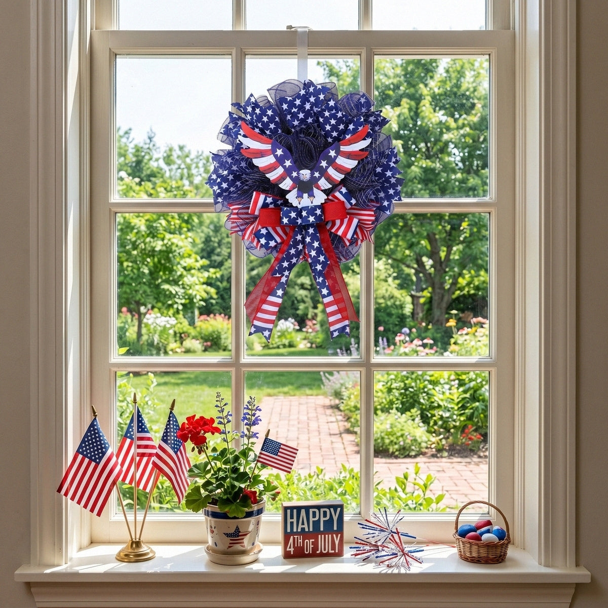 American Patriotic Wreath with Eagle American Flag Mesh Wreath 4th of July Front Door Decor Independence Day Summer Holiday Door Hanging for Home Porch