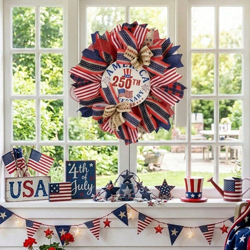 17.7" Patriotic Wreath for Front Door | 4th of July Memorial Day American Flag Indoor Outdoor Decor