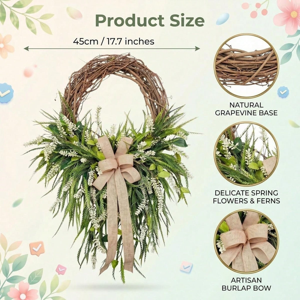 Farmhouse Front Door Wreath with Burlap Bow, Green Foliage & White Flowers for Spring Summer Rustic Home Porch & Wall Decor