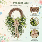 Farmhouse Front Door Wreath with Burlap Bow, Green Foliage & White Flowers for Spring Summer Rustic Home Porch & Wall Decor