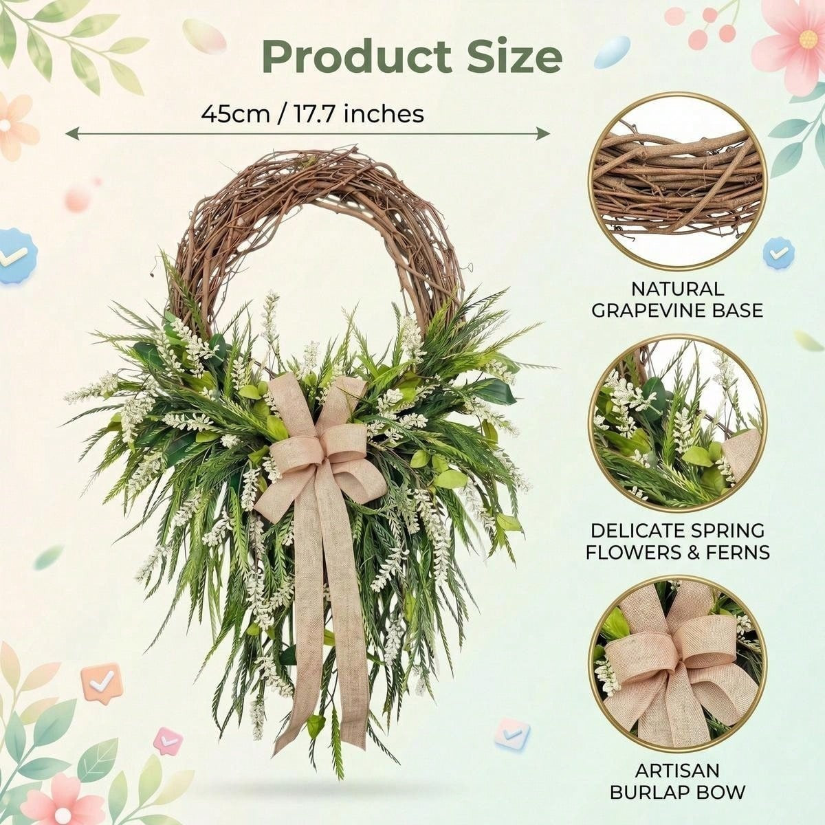Farmhouse Front Door Wreath with Burlap Bow, Green Foliage & White Flowers for Spring Summer Rustic Home Porch & Wall Decor