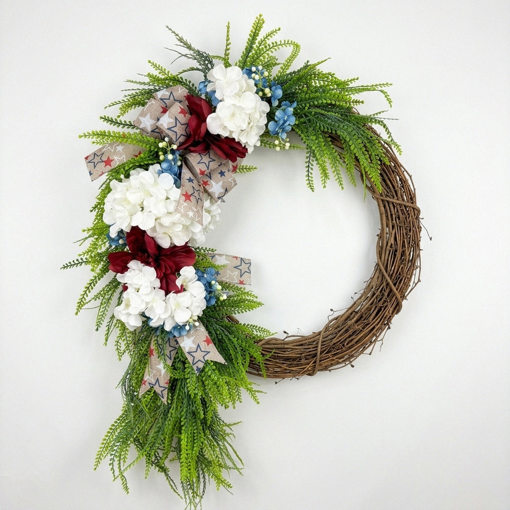 Patriotic Red White and Blue Wreath Fourth of July Front Door Decor Americana Stars Burlap Bow Summer Floral Wreath for Home Wall Party