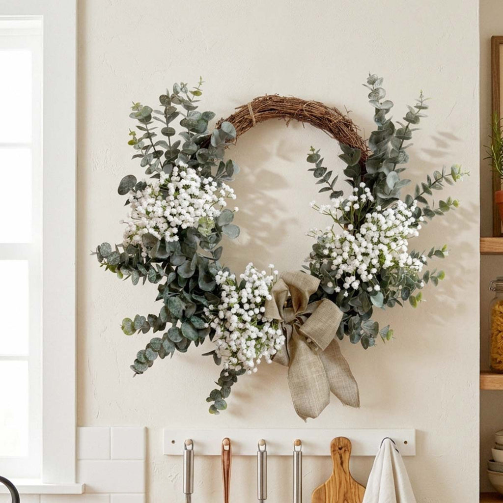 Farmhouse Eucalyptus Wreath with Burlap Bow & White Baby's Breath for Front Door Porch Wall Living Room & Bedroom Decor
