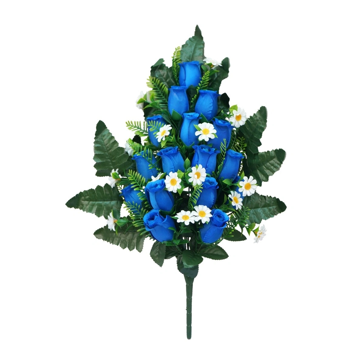 Artificial cemetery flowers blue memorial roses bouquet with vase for gravesite decoration