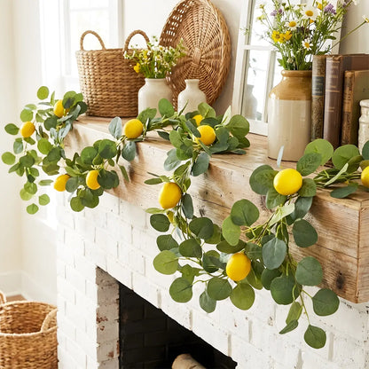 Artificial lemon eucalyptus garland draped across white brick fireplace mantel with wicker baskets and vintage vases, farmhouse living room décor