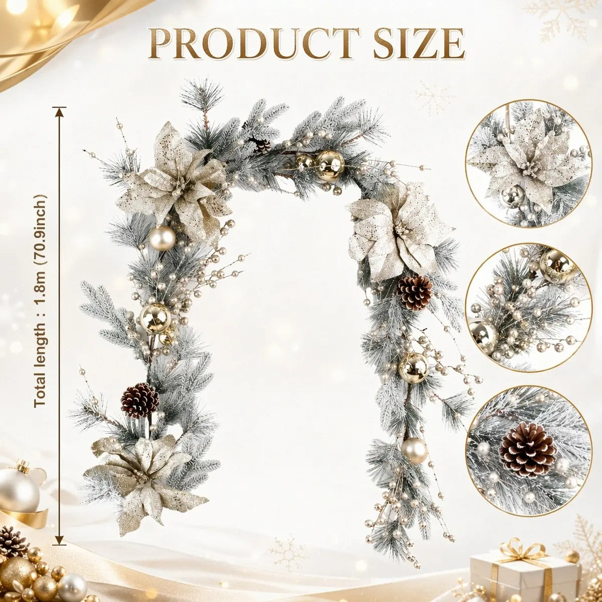 Christmas garland product size chart showing 1.8m (70.9 inch) total length, with close-up detail callouts of champagne glitter poinsettia flower, gold jingle bell ornaments and realistic pine cone accents
