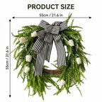 Modern Classic Front Door Wreath with Tulip & Black White Striped Bow Green Foliage for Spring Summer Home Porch & Wall Decor