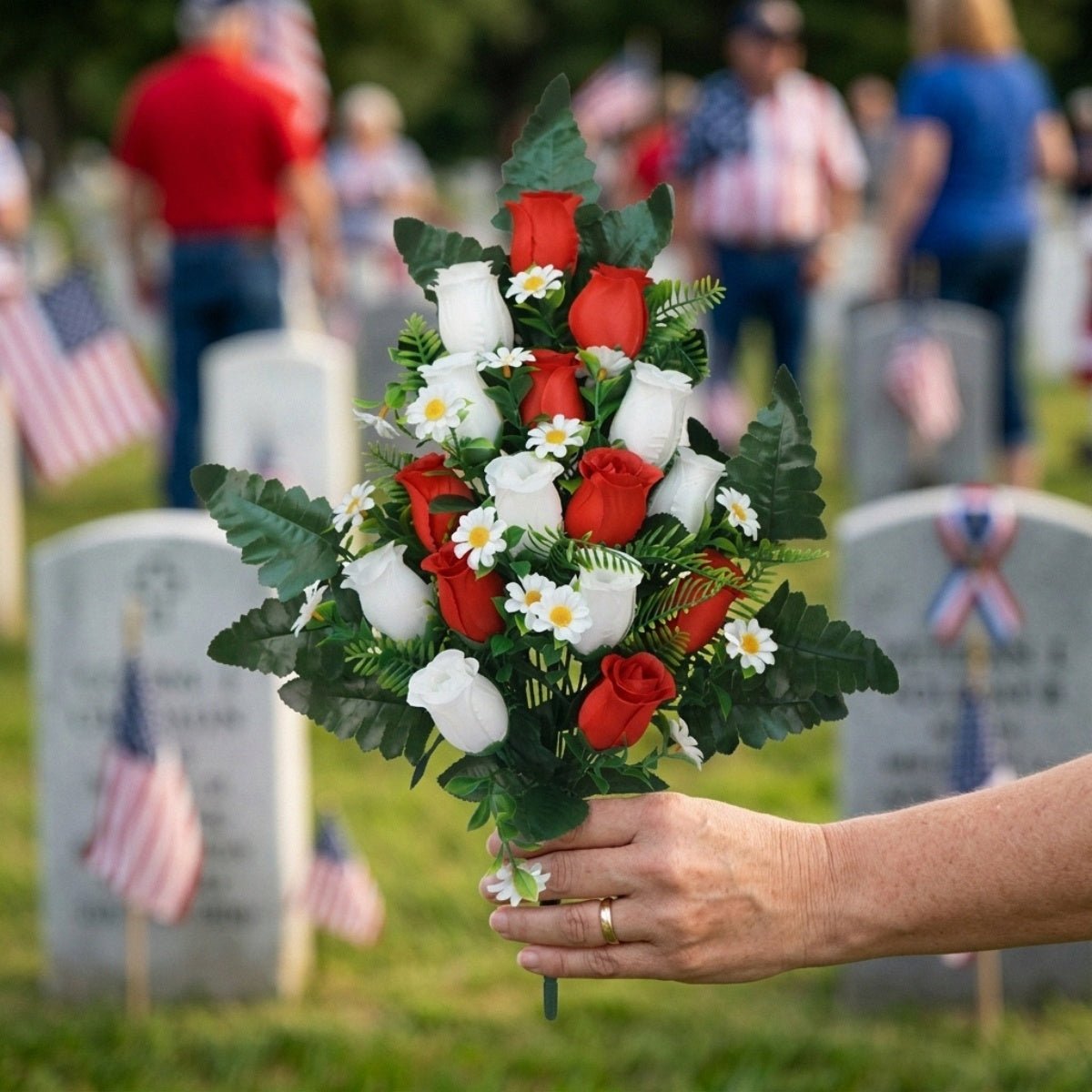 Artificial Cemetery Flowers Memorial Rose Bouquets with Cemetery Vase | Gravesite Decoration in 10 Vibrant Long-Lasting Colors