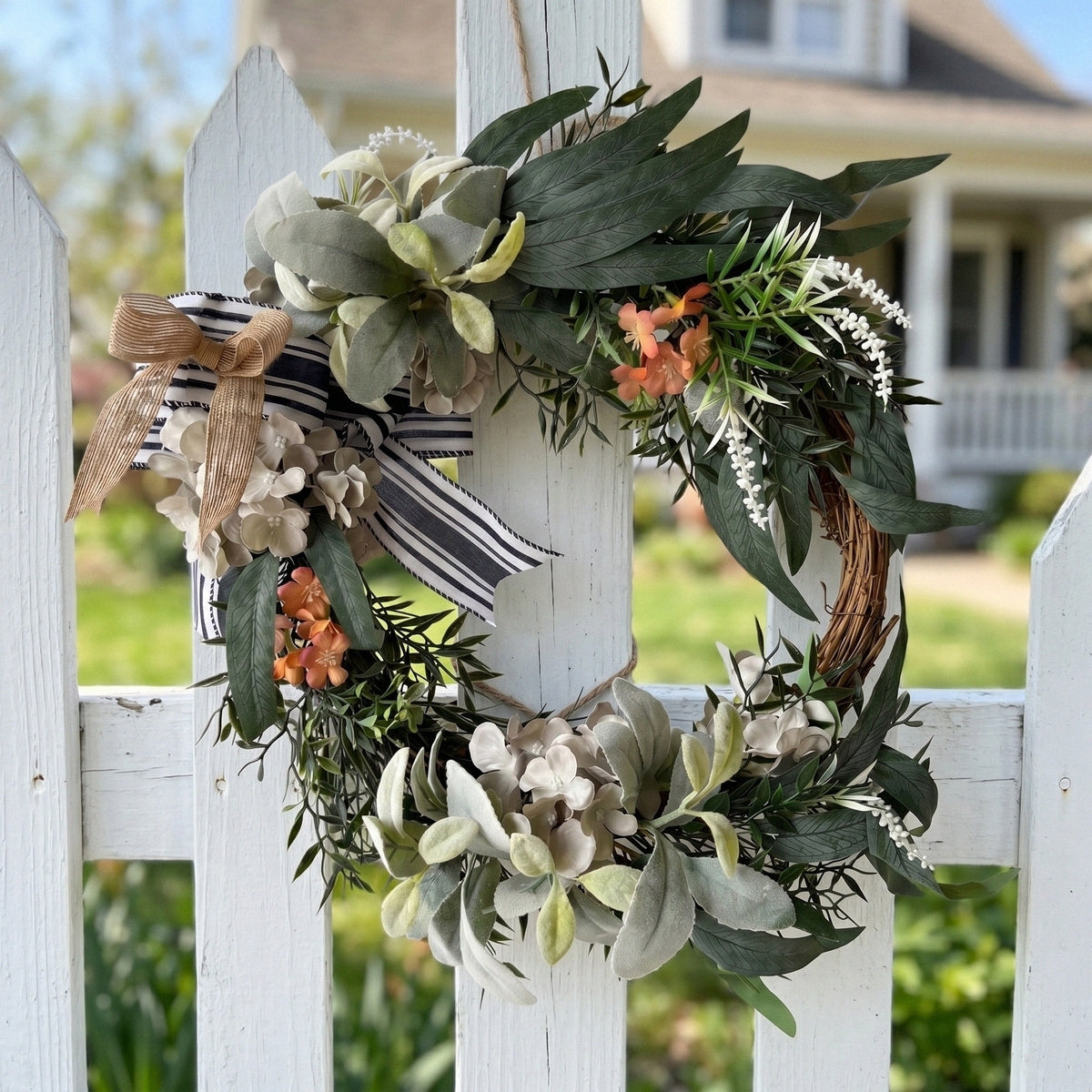 Modern Farmhouse Front Door Wreath with Hydrangea & Black White Striped Bow | Neutral Green Leaf Wall Art for Fall Winter Home Porch Decor