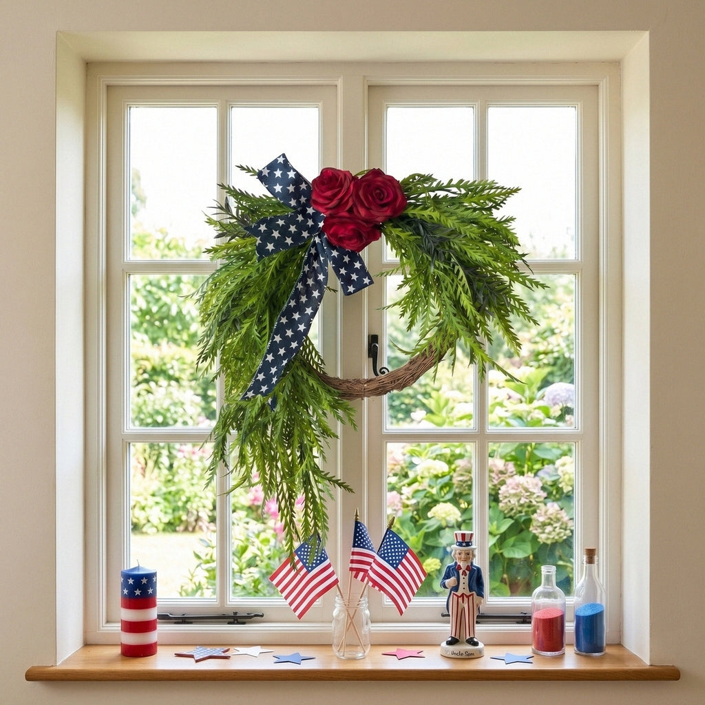 Patriotic Cascading Wreath Front Door Decor Red Rose American Flag Star Ribbon Green Foliage 4th of July Memorial Day Home Porch Wall Art