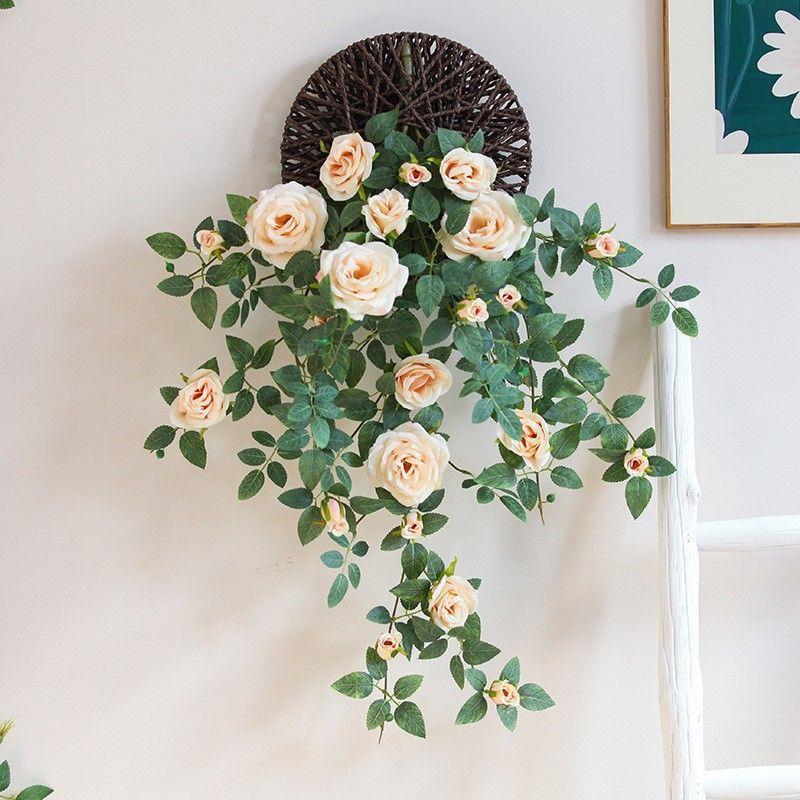 Champagne artificial flower rattan wall hanging for living room bedroom boho home decor