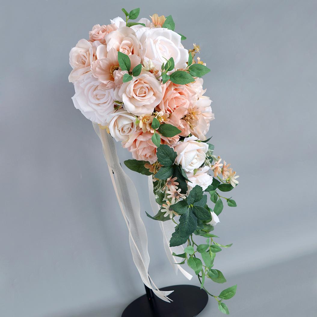 Champagne handmade teardrop bridal bouquet artificial flowers for wedding ceremony anniversary