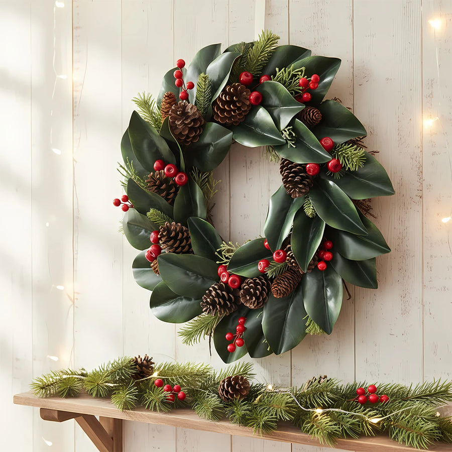 Christmas Floral Swag with Berries and Ribbon Bows – 27.56 in
