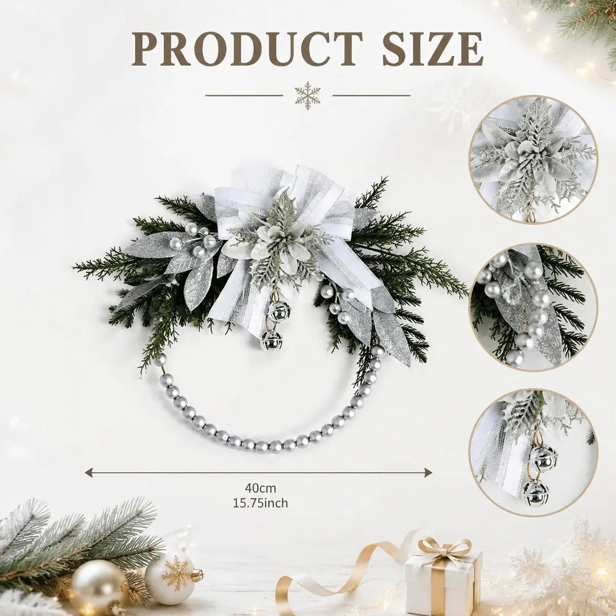 Product size infographic showing 40cm (15.75-inch) silver white Christmas swag wreath with detail close-ups of glitter poinsettia center, silver pearl berry picks, and dangling jingle bells
