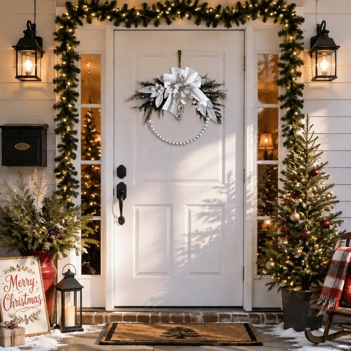 Silver white Christmas swag wreath with oversized ribbon bow and pearl chain hanging on white front door with lit outdoor garland, lanterns, and snow-dusted Christmas trees at night
