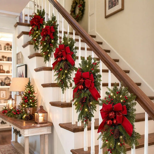Christmas swag wreaths with red bows and berries decorating a staircase banister for holiday home decor
