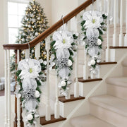 Christmas Frosted Pine Teardrop Swag with Glitter Poinsettia & Mesh Bows