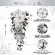 Christmas Frosted Pine Teardrop Swag with Glitter Poinsettia & Mesh Bows