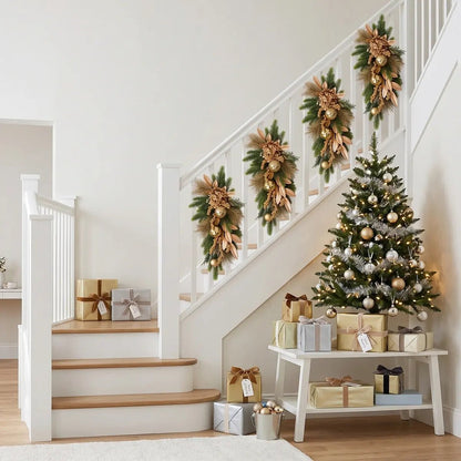 Christmas teardrop swag wreath decorating staircase banister with holiday greenery and gold accents
