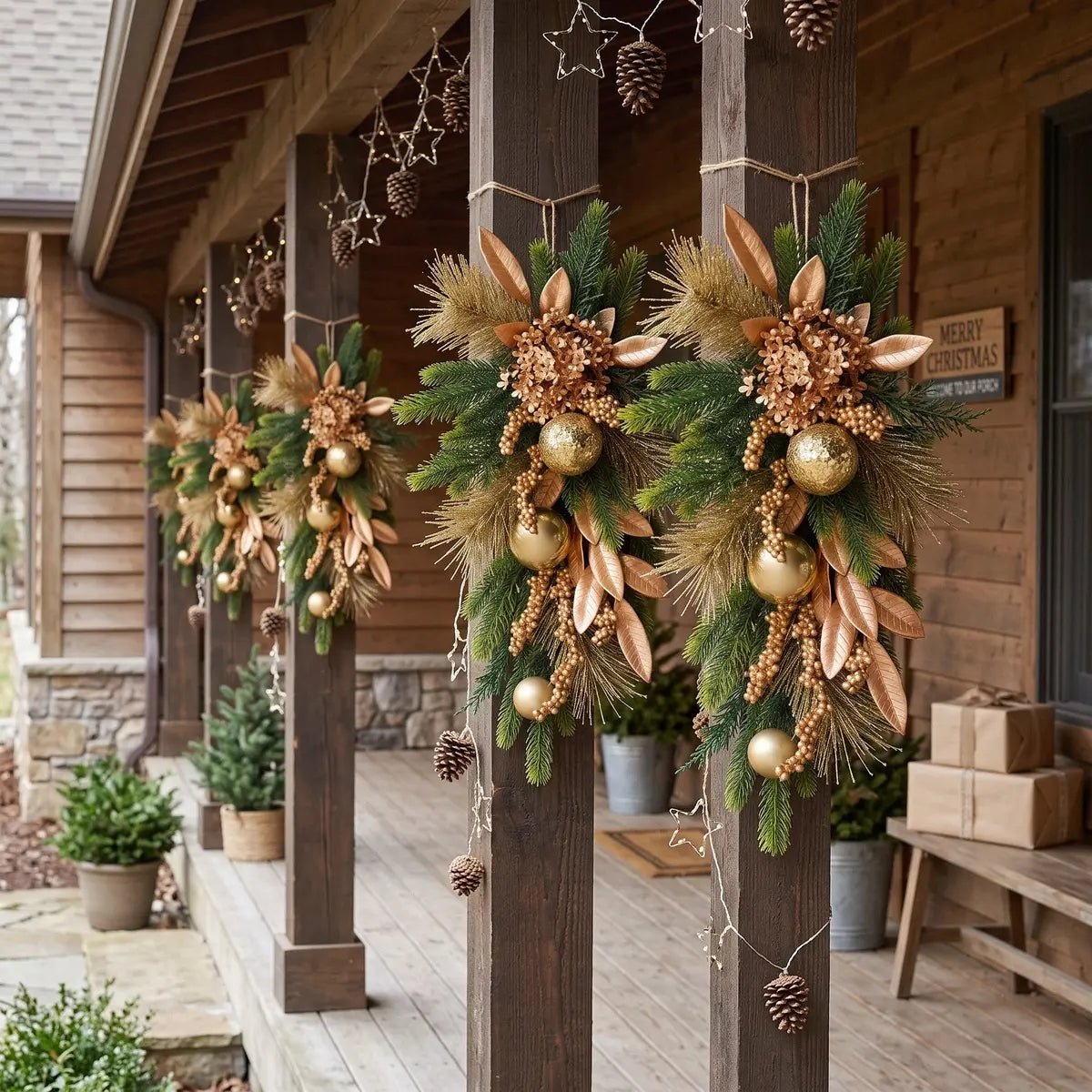 Christmas swag wreath with gold ball ornaments and berries displayed on outdoor entryway door
