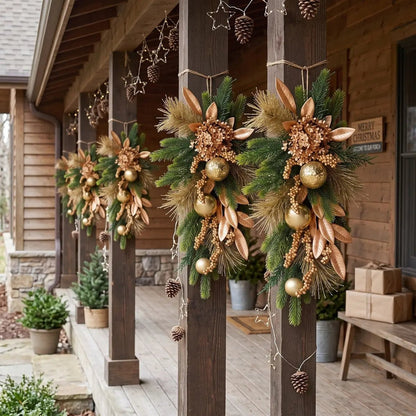 Christmas swag wreath with gold ball ornaments and berries displayed on outdoor entryway door
