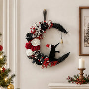 Christmas Black Cat Moon Wreath with White Rose & Red Accents