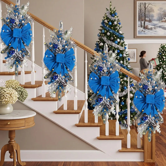 Blue Christmas Swag Wreaths Decorating Staircase Banister with Christmas Tree in Background
