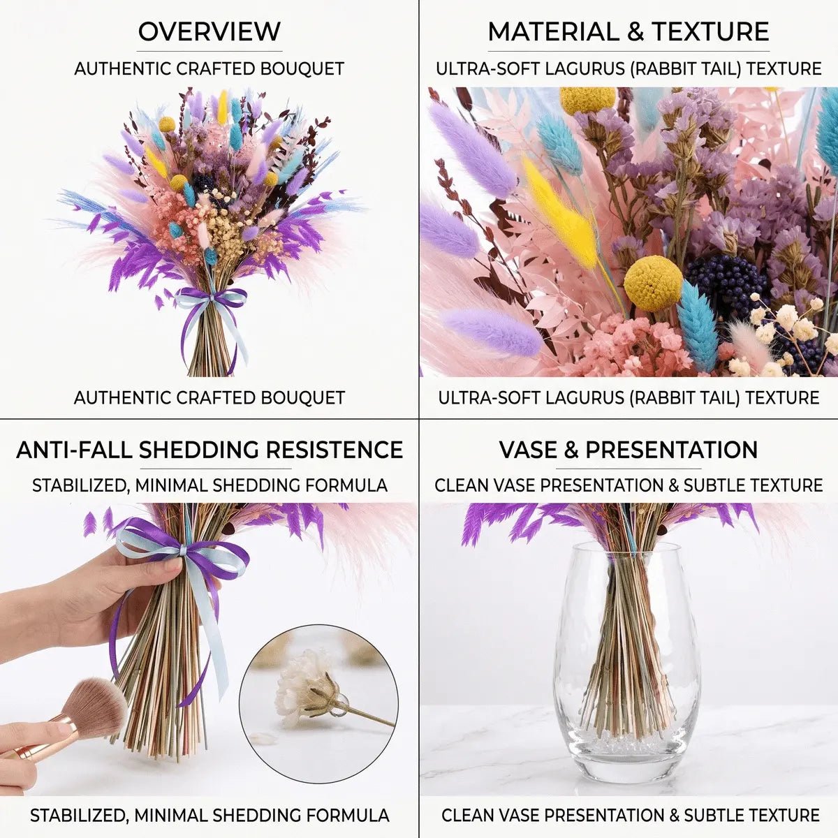 Natural dried pampas grass and millet flower bouquet styled in a tall glass vase on a boho wedding reception table with neutral linen decor