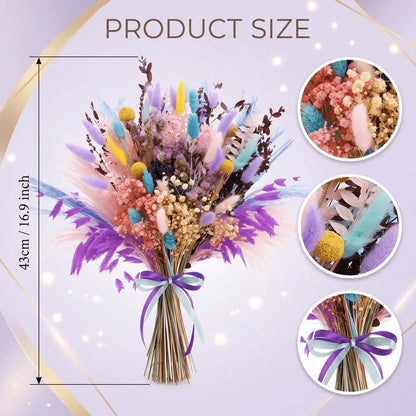 Product size chart for natural dried pampas grass bouquet showing 16.9 inch (43cm) total length with stem and plume measurement reference