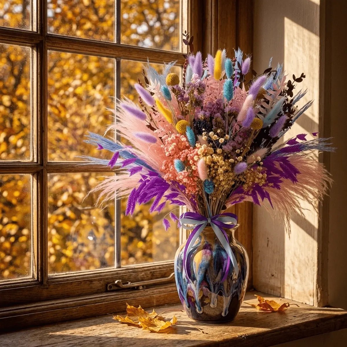 Natural dried pampas grass bouquet 16.9 inch with purple pampas and millet flower mix laid flat showing full stem length and fluffy plume detail