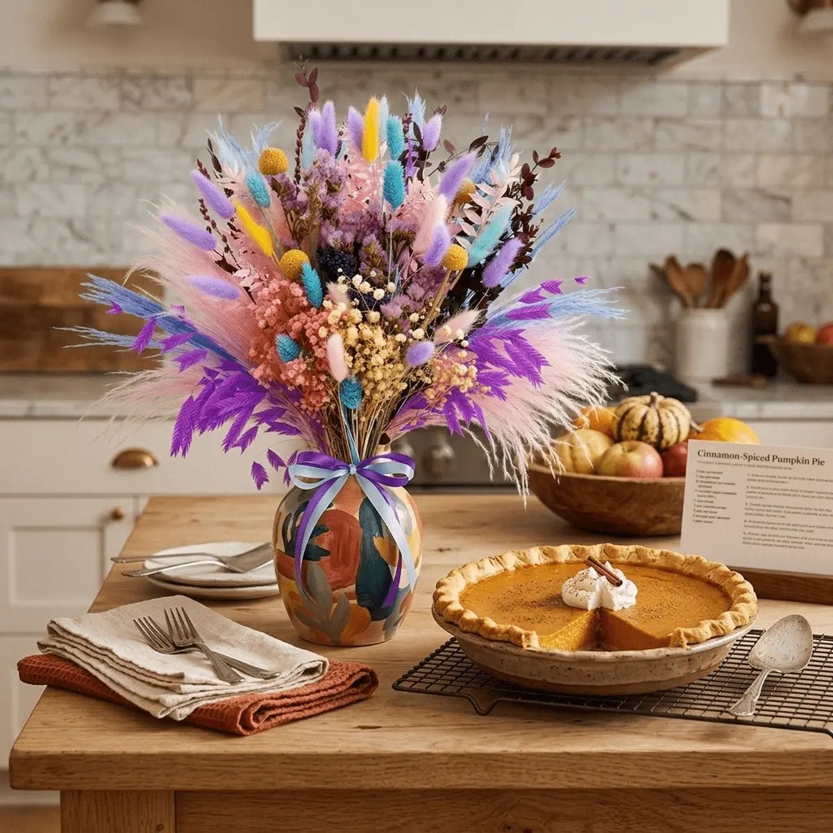 Close-up detail of natural dried purple pampas grass plumes and millet flower stems from the 16.9 inch boho bouquet