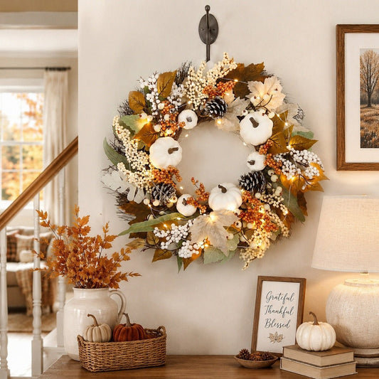 Cream cotton fall wreath with pinecones and pumpkins hanging on interior wall – IPOPU

