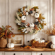 Cream Cotton Fall Wreath with Pinecones & Pumpkins