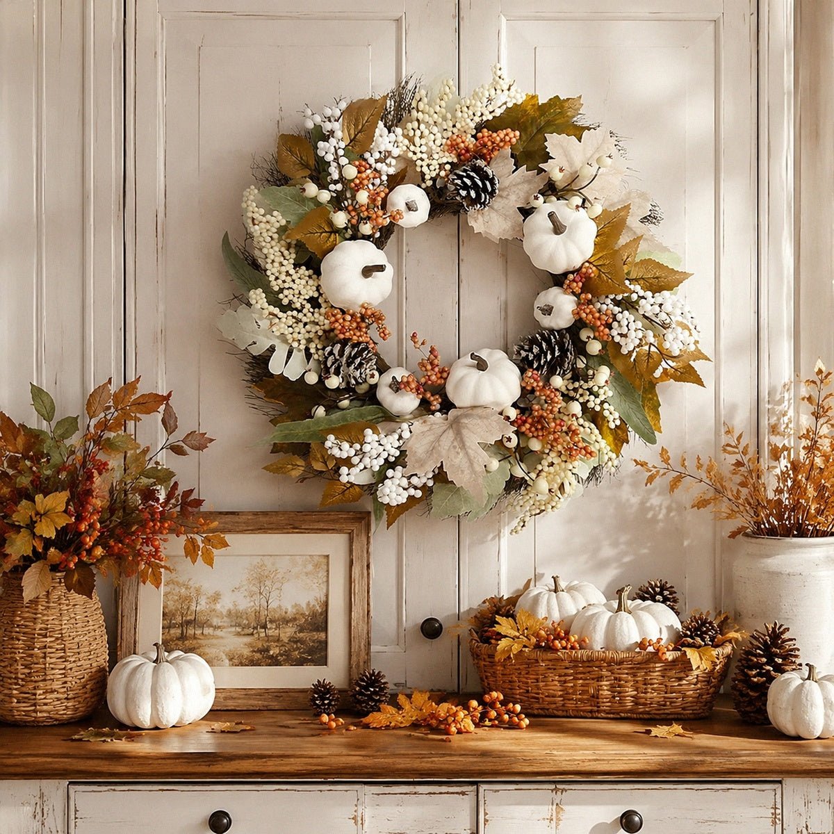 Close-up of cream fall wreath with cotton stems pinecones and pumpkin picks – IPOPU

