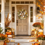 Cream Cotton Fall Wreath with Pinecones & Pumpkins