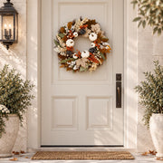 Cream Cotton Fall Wreath with Pinecones & Pumpkins