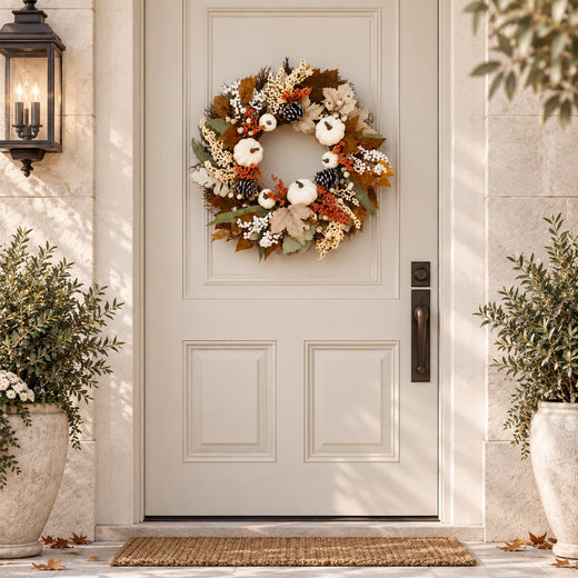 Cream cotton fall wreath with pinecones and pumpkins hanging on interior wall – IPOPU