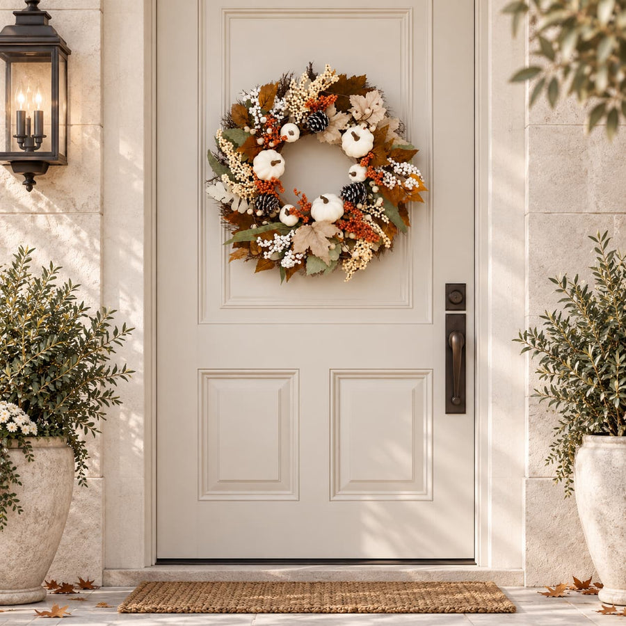 Cream Cotton Fall Wreath with Pinecones & Pumpkins