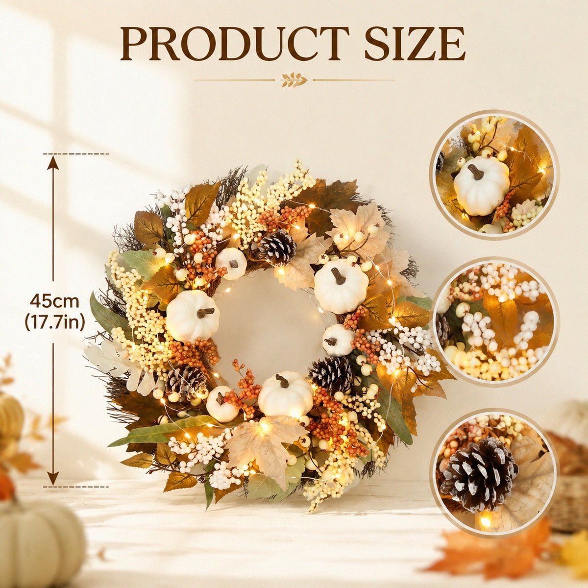 Cream cotton fall wreath product size chart dimensions reference – IPOPU
