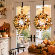 Cream Cotton Fall Wreath with Pinecones & Pumpkins