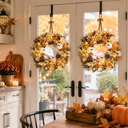 Cream harvest wreath with pumpkin accents on interior door fall home decor – IPOPU
