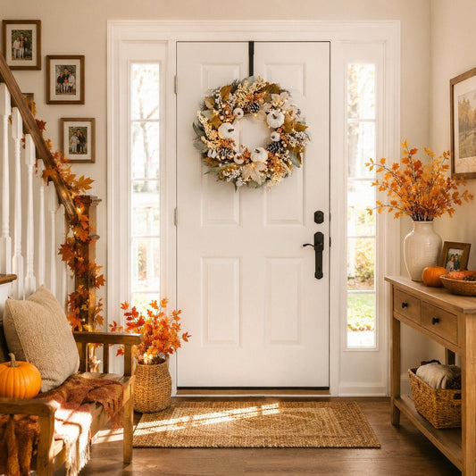Artificial fall wreath with cotton and pinecones decorating front door for Thanksgiving – IPOPU
