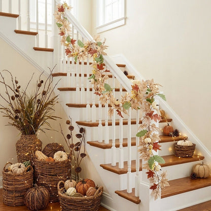 Artificial cream floral garland with roses and greenery wrapped around staircase railing – IPOPU
