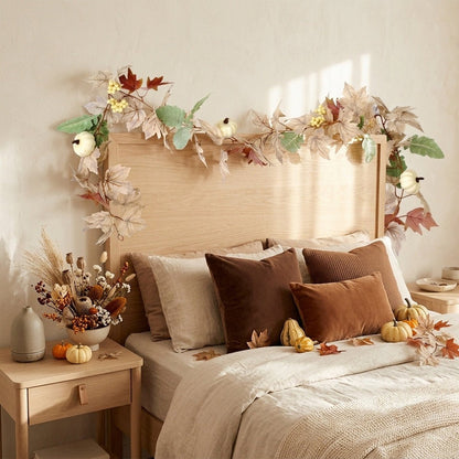 Artificial ivory rose garland decorating bedroom wall and headboard fall styling – IPOPU
