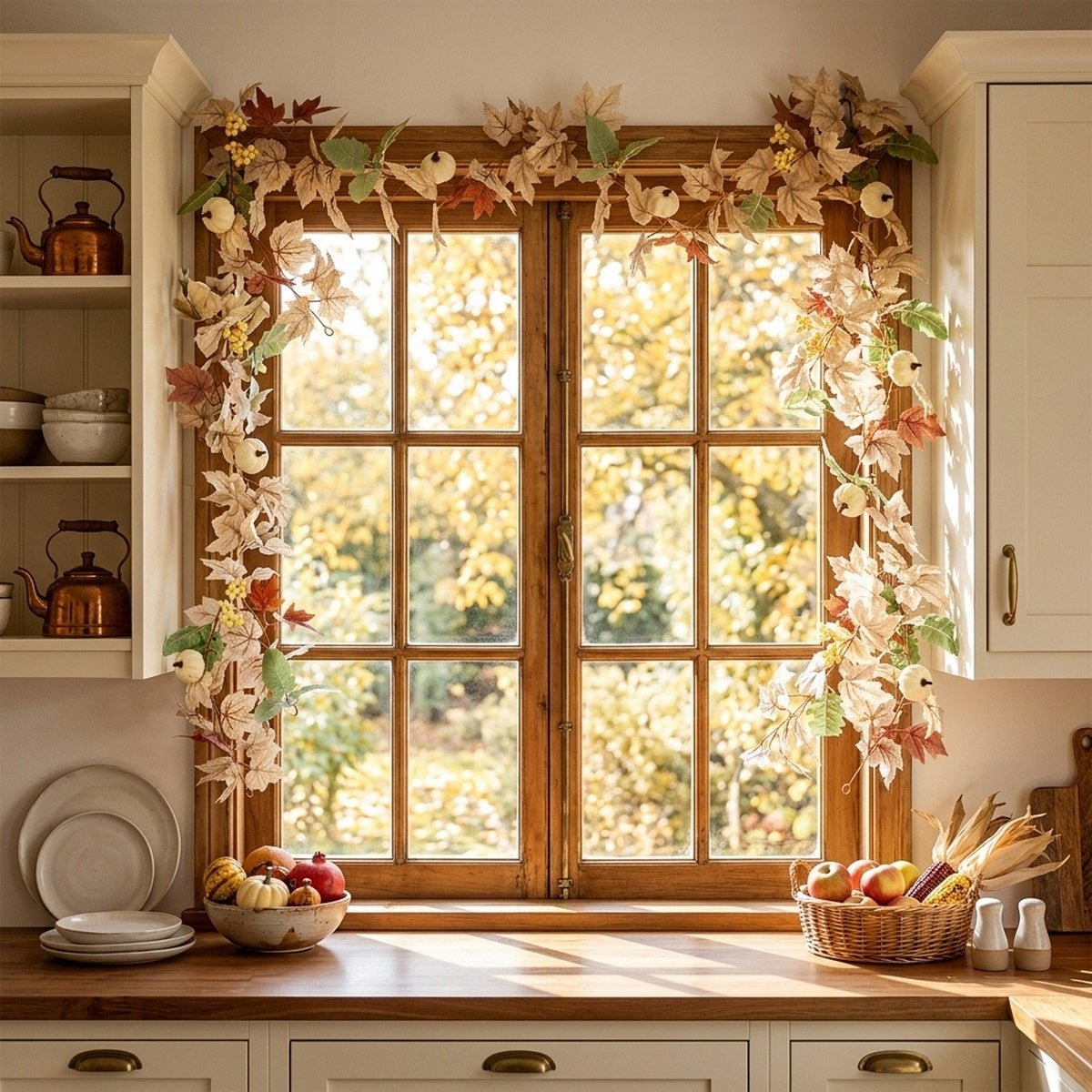Cream floral garland with cotton stems framing window for autumn home decor – IPOPU
