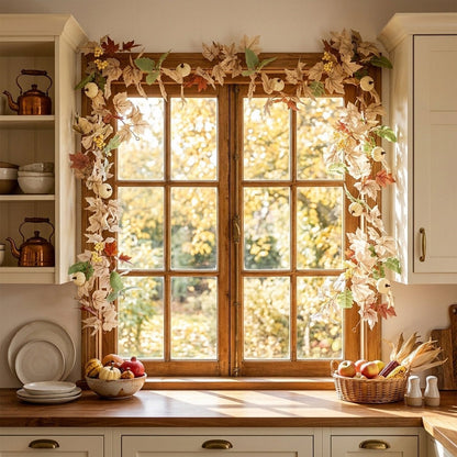 Cream floral garland with cotton stems framing window for autumn home decor – IPOPU
