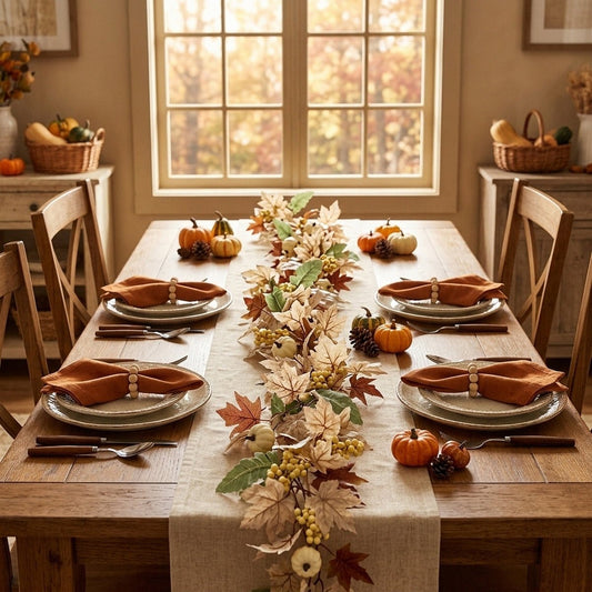 Cream rose cotton floral garland as Thanksgiving dining table runner with pumpkins – IPOPU
